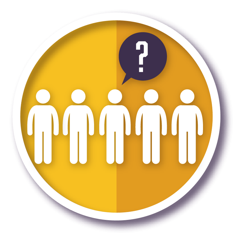Graphic of 5 people, one with a question mark in a speech bubble over their head
