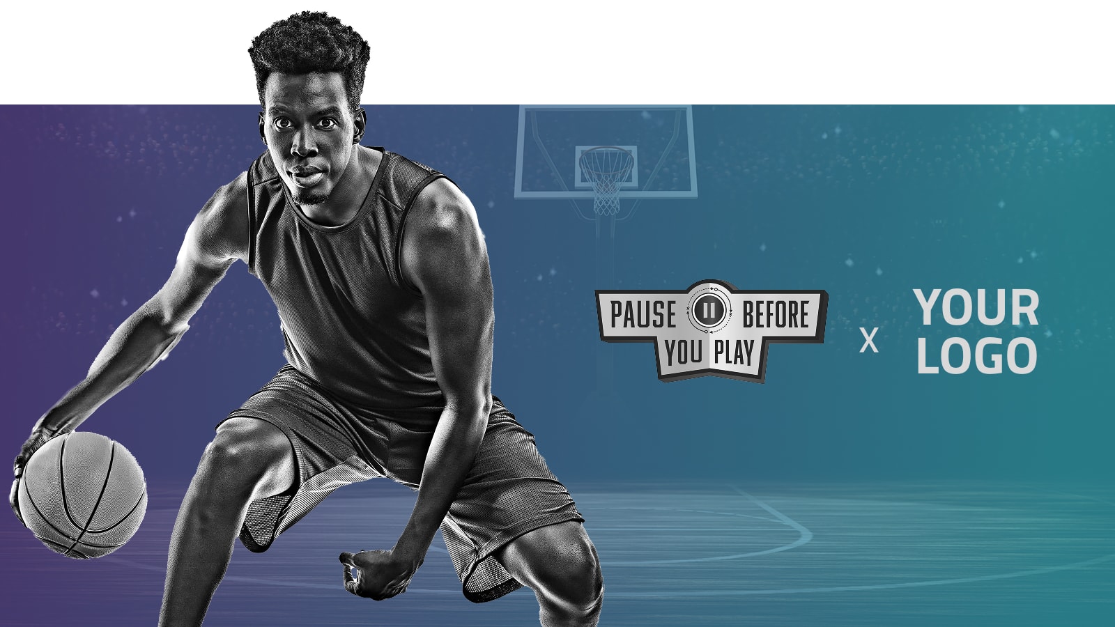 Basketball player with graphic combining Pause Before You Play and Your Logo